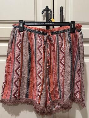 Boho Stripe Fringe Drawstring Shorts - Coral Multi